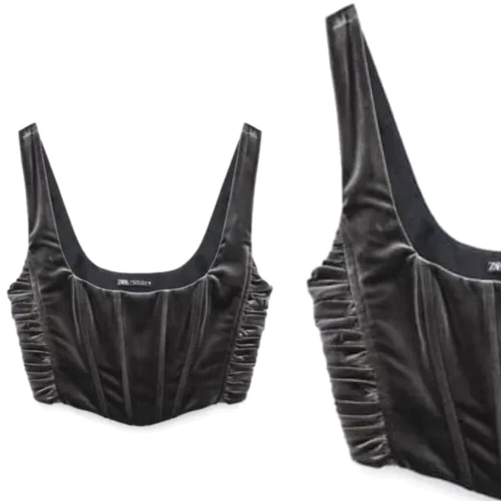 ZARA Dark Gray Velvet Gathered Corset Crop Top
